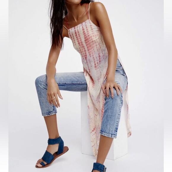 Free People Remember When Split Side Tie Dye Chiffon Ivory Long Top Dress Medium - Picture 9 of 10